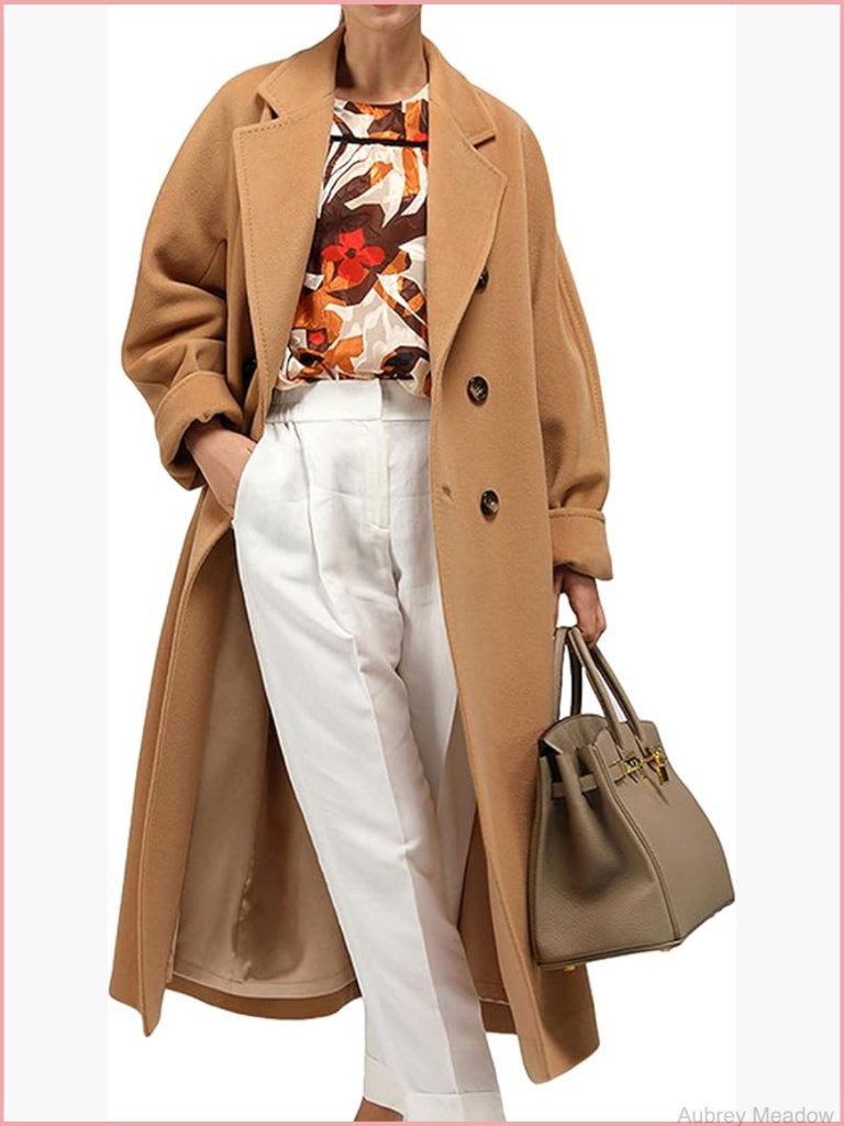 Women's Wool Blend Pea Coat Notched Lapel Double-Breasted Long Jacket